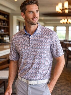 FootJoy Golf Polo Lg Blue Red Gray Print Performance Stretch Shirt FJ Logo EUC!